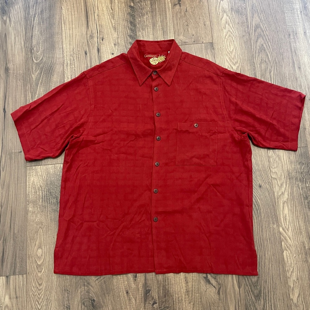 Caribbean Mens Large Red 100% Silk Short Sleeve Button Down Shirt Jacquard L